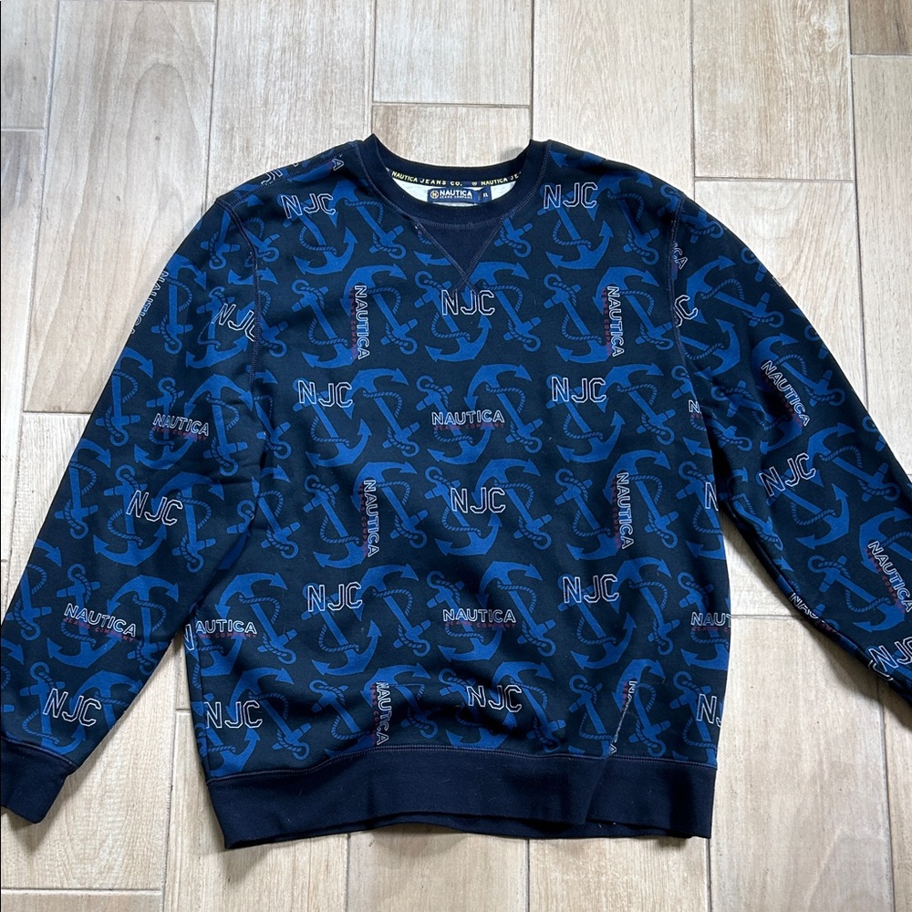 Nautica Men's Navy Anchor Pattern Crewneck Sweater